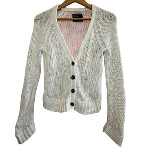 AMERICAN EAGLE Cropped Cardigan Beige Open Knit Button Up Soft Casual Coastal